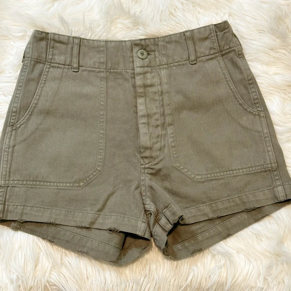 RE/DONE Womens 50s Miltary Shorts in Green Size 25 Button Fly Distressed Hem
